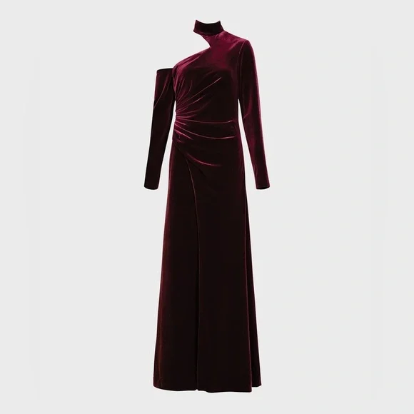 Zac PosenAsymmetric Long-Sleeve Mock-Neck Velvet Dress